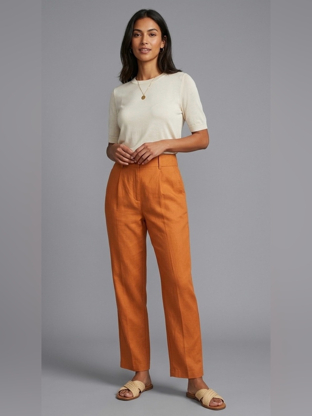 Camila Coelho Burnt‎ Orange High-Waisted Pleated Linen-Blend Pants  size M